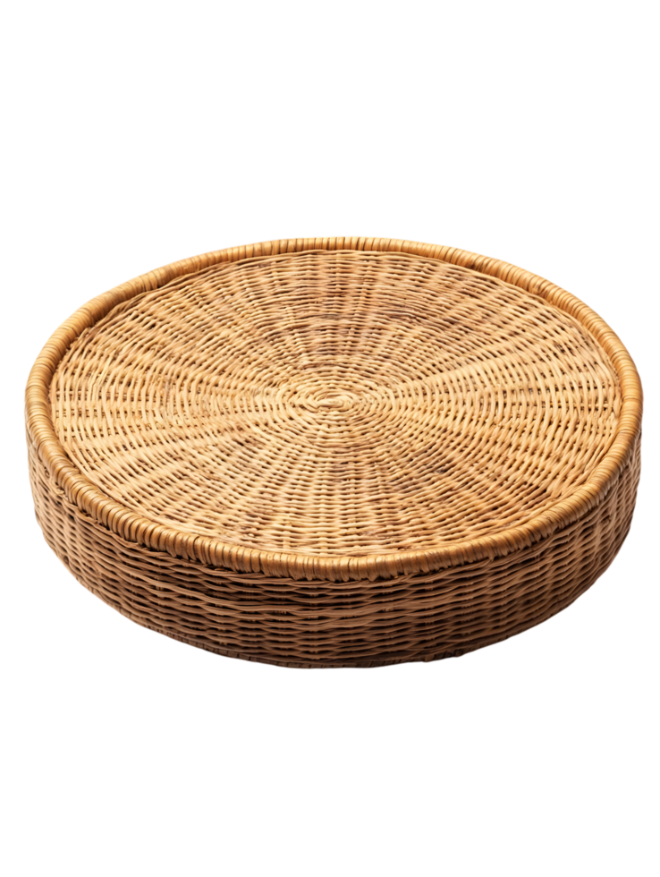 A close-up captures a neatly woven basket, with intricate patterns and textures and natural earthy tones, an embodiment of artisanal skill and simple elegance. png