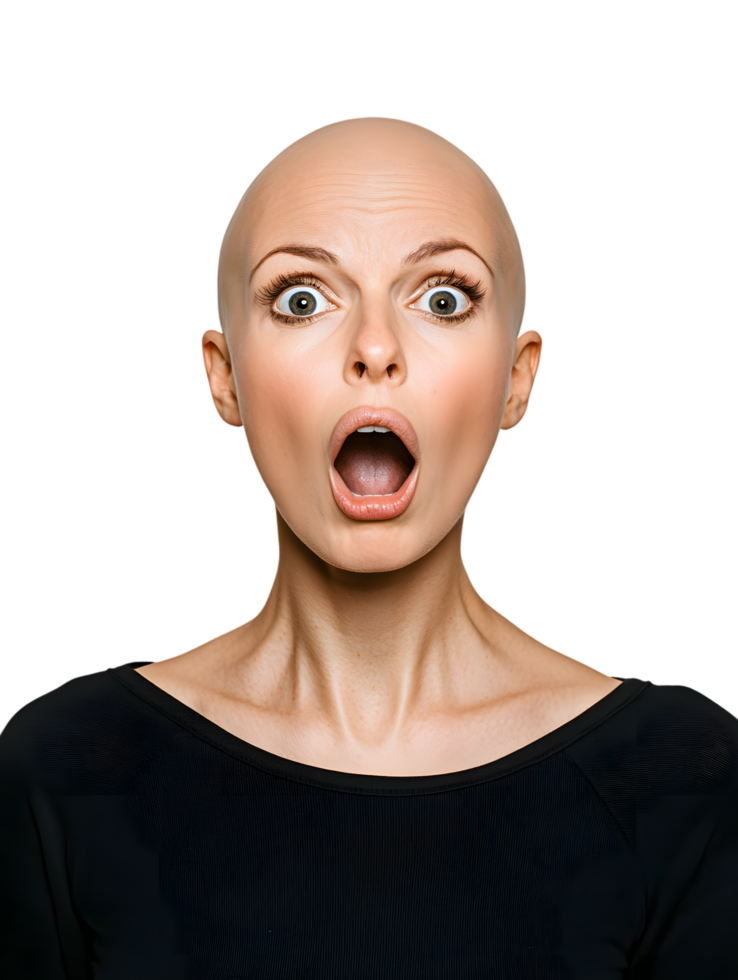 A stunning, bald woman's expressive face radiates genuine surprise, capturing the intensity of a moment of astonishment with her wide eyes and open mouth. png