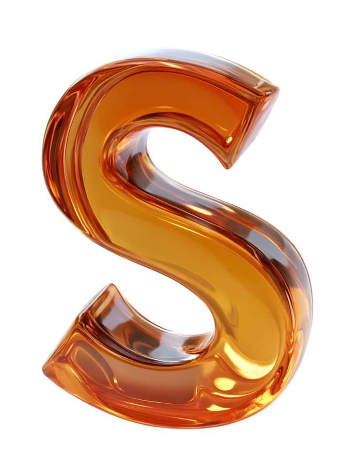 An Elegant Glass Letter S in Gold Color, showcasing its shimmering form and exquisite texture. This represents the beauty of typography. isolated on transparent background png