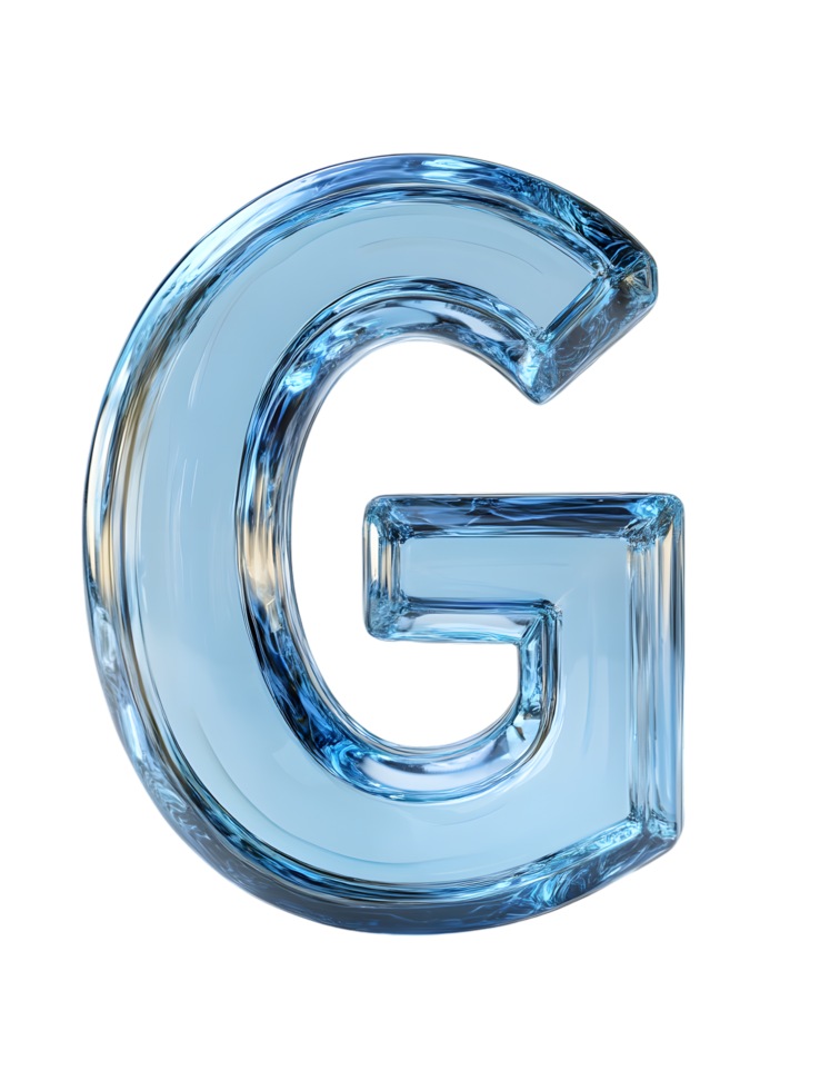 The letter G elegantly crafted from ice-clear glass, reflecting subtle light with a captivating cool effect. isolated on transparent background png