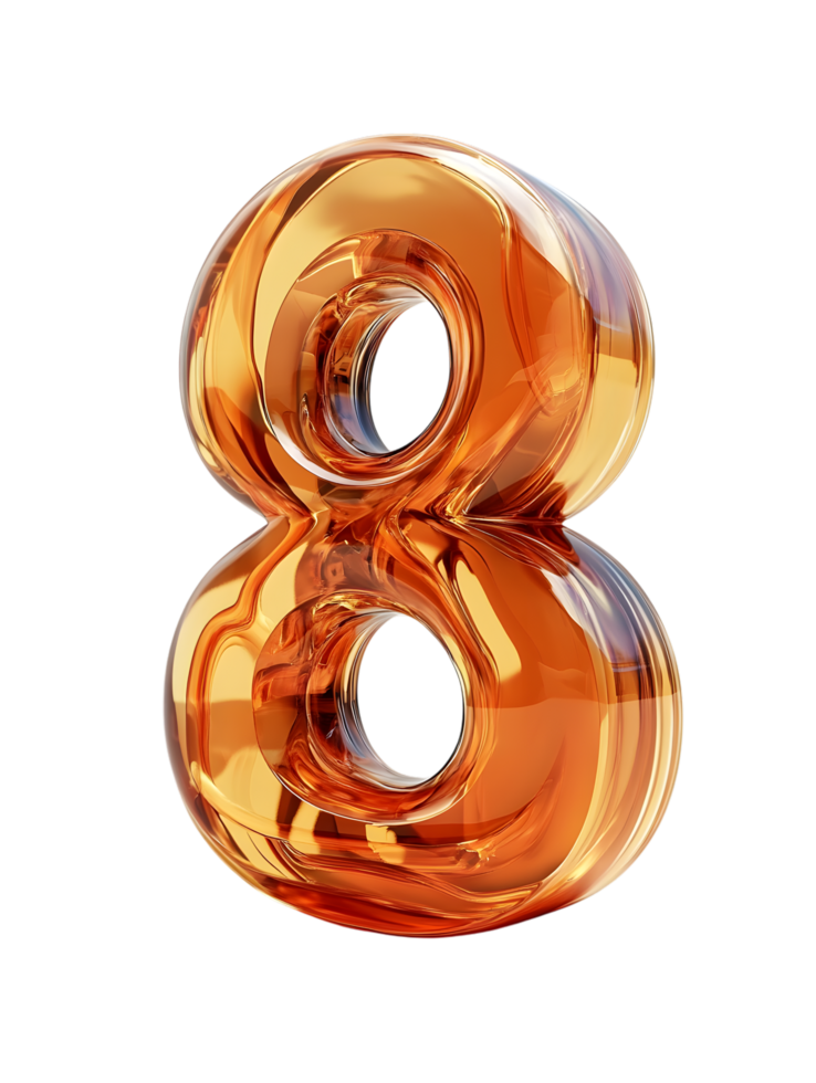 number 8 it is an intricate glass sculpture, detailed amber-hued structure. isolated on transparent background png
