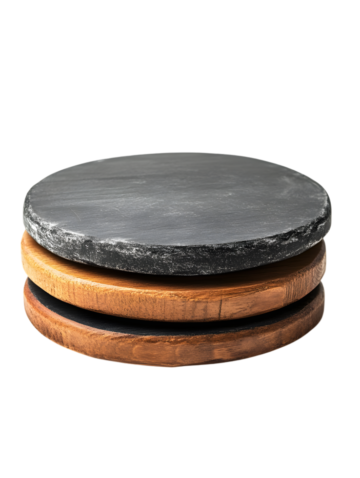 three circular wooden and stone platforms. The varying textures of dark gray stone, light brown wood, and rich dark wood converge. product placement, presentations png