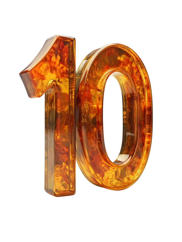 A stunning rendered 10 is presented, crafted with an amber-like aesthetic, exuding elegance and captivating with its radiant glow. isolated on transparent background png