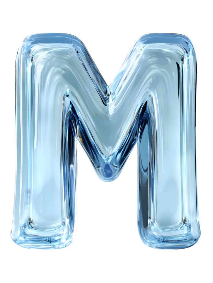 An artistic 3D rendering of the letter M appears, formed from translucent, icy material, presenting a sense of coolness and creative design. isolated on transparent background png