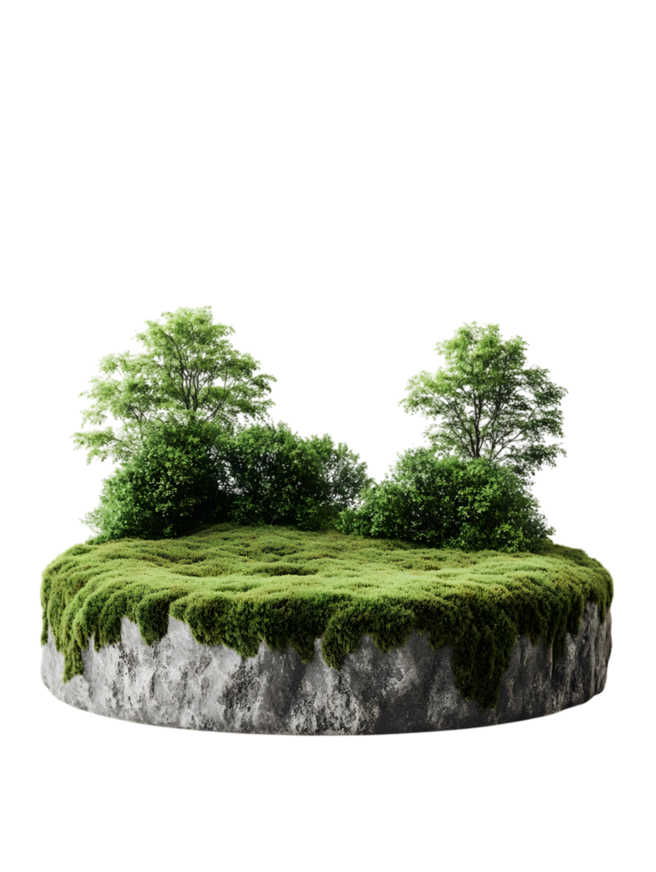 A miniature island ecosystem thrives, showcasing lush green moss, vibrant shrubs, and two small deciduous trees on a stone base, isolated on transparent background png
