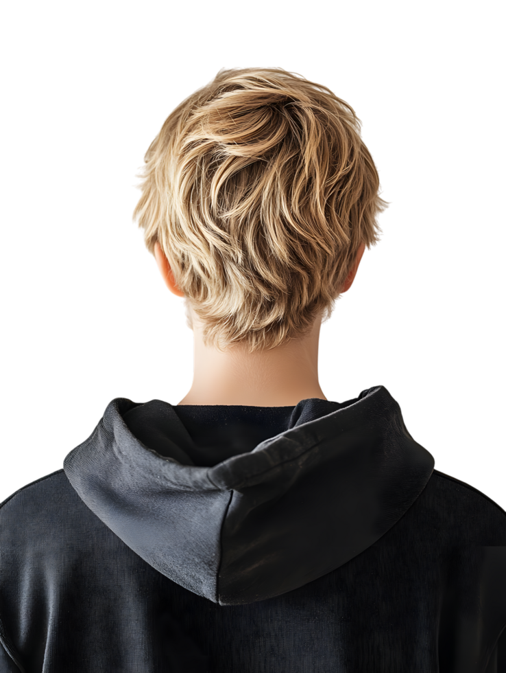 Back view of a person with golden curly hair. Cropped shot features the nape of the neck and shoulders, wearing a black hood. isolated on transparent background png