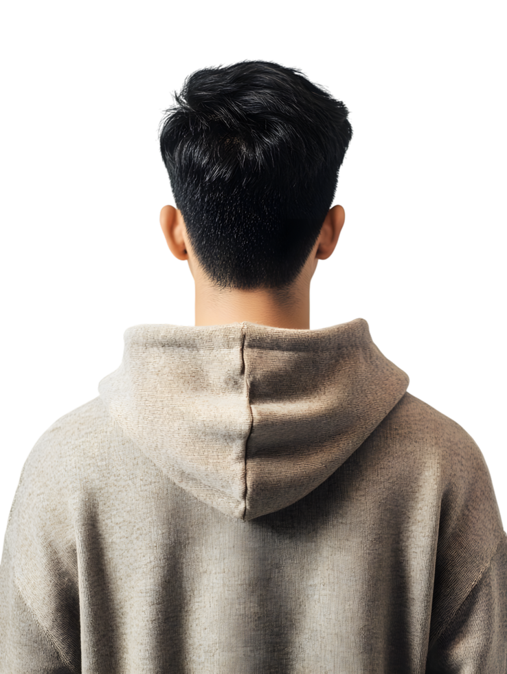 man dressed in a neutral-toned hoodie, viewed from behind, offering a sense of mystery and introspection. The focus is on the textures of the hoodie and hair. isolated on transparent background png