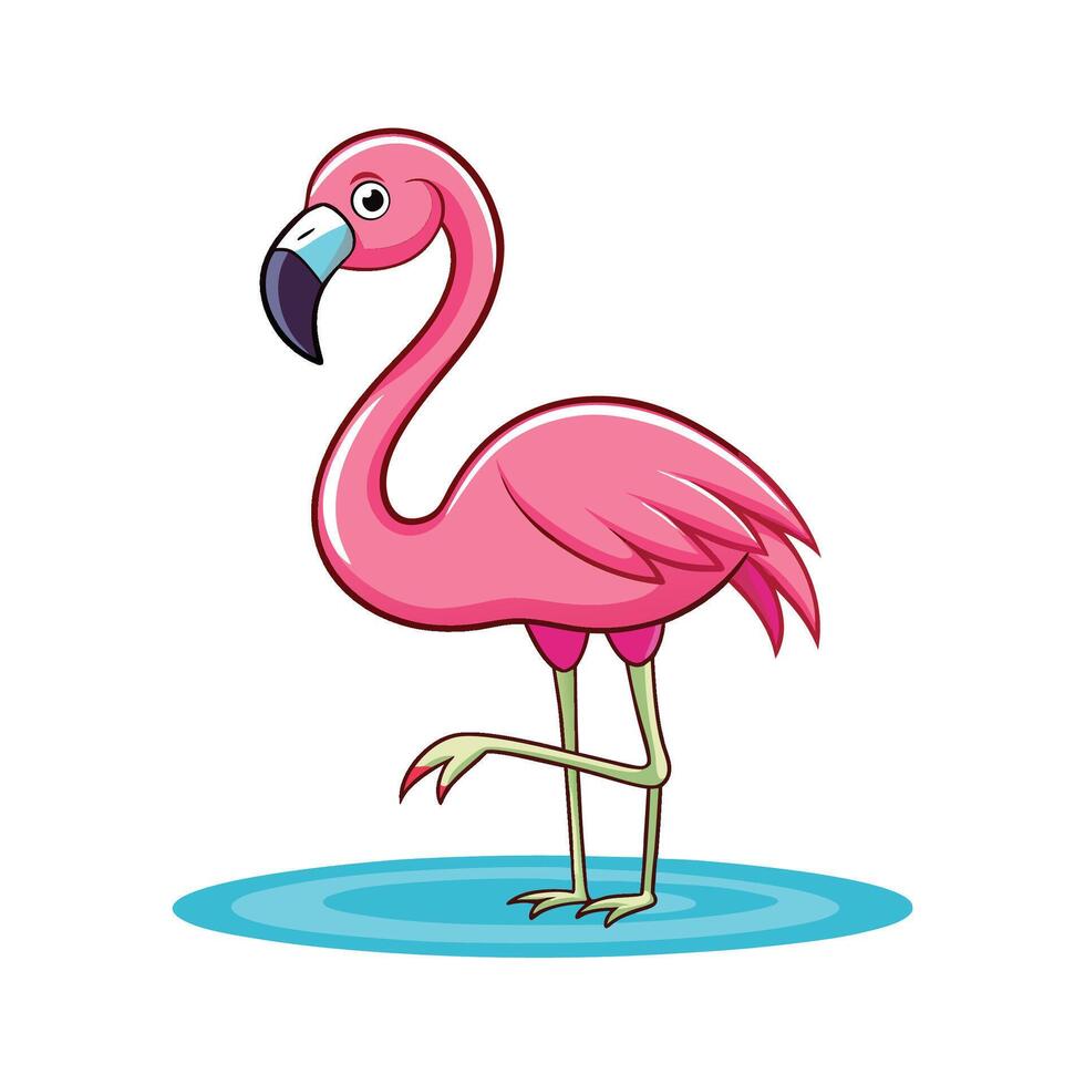 Cartoon pink flamingo stands on one leg in water vector