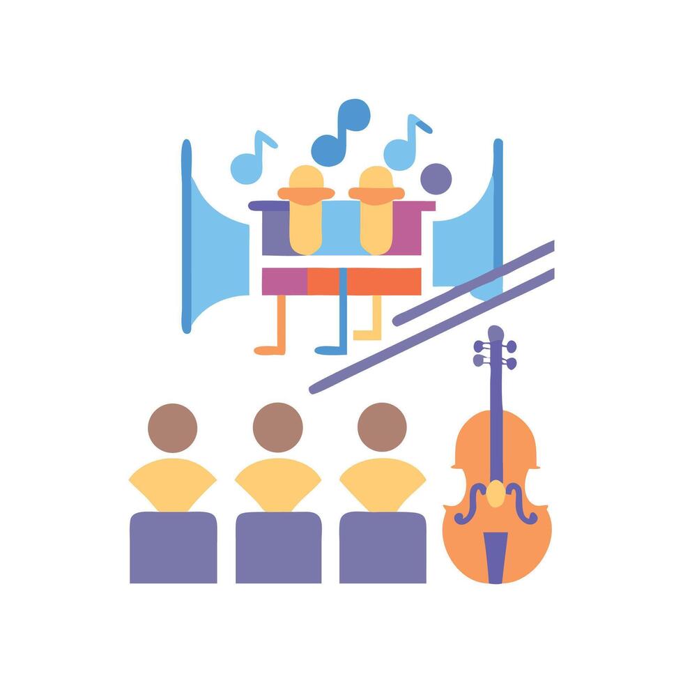 Orchestra performance with violin, tuba, audience illustration design vector