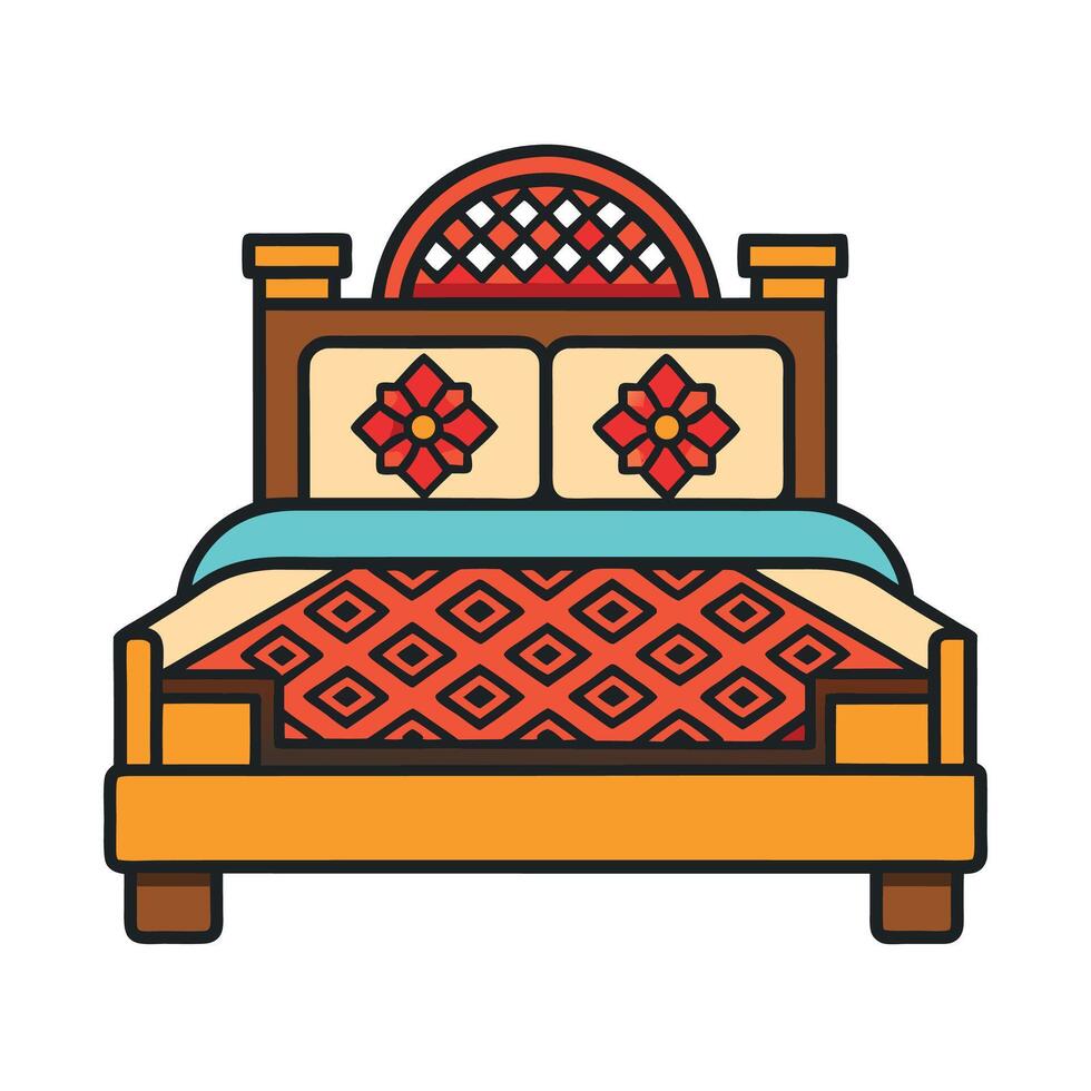 Illustrated bed with geometric and floral pattern design vector