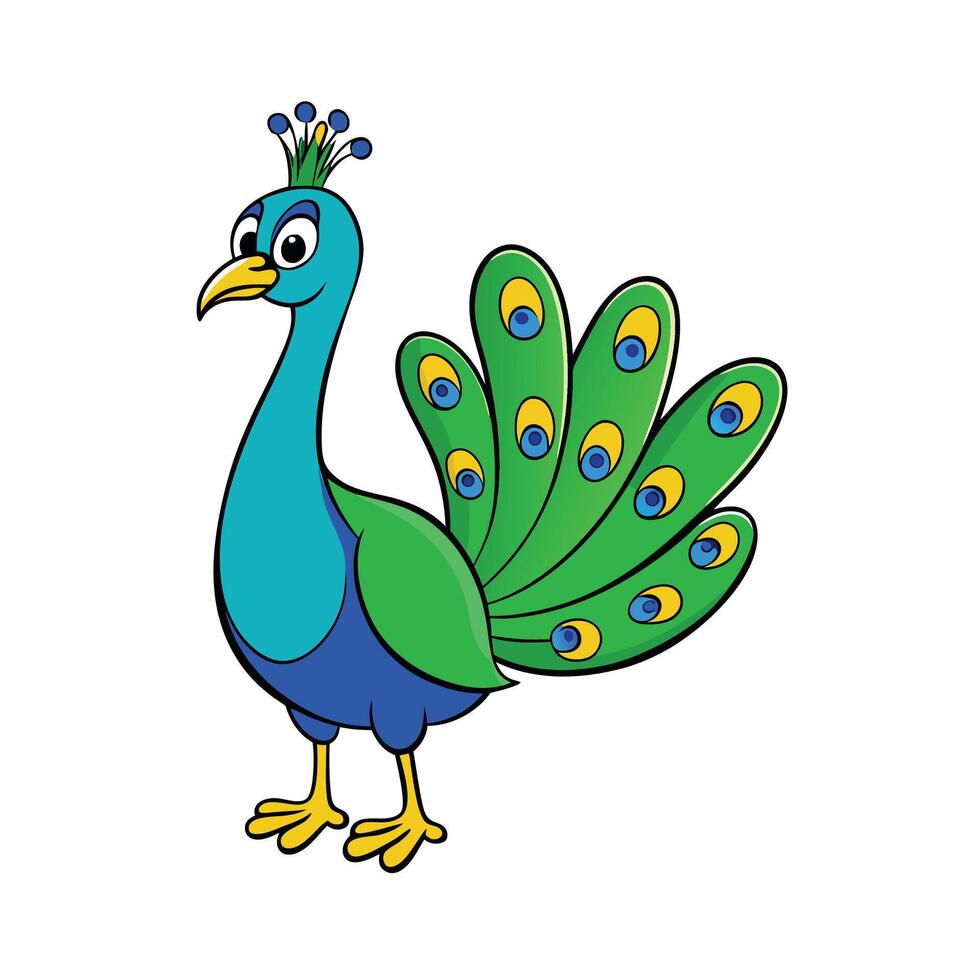 Cute Cartoon Peacock Standing Isolated on White Background vector