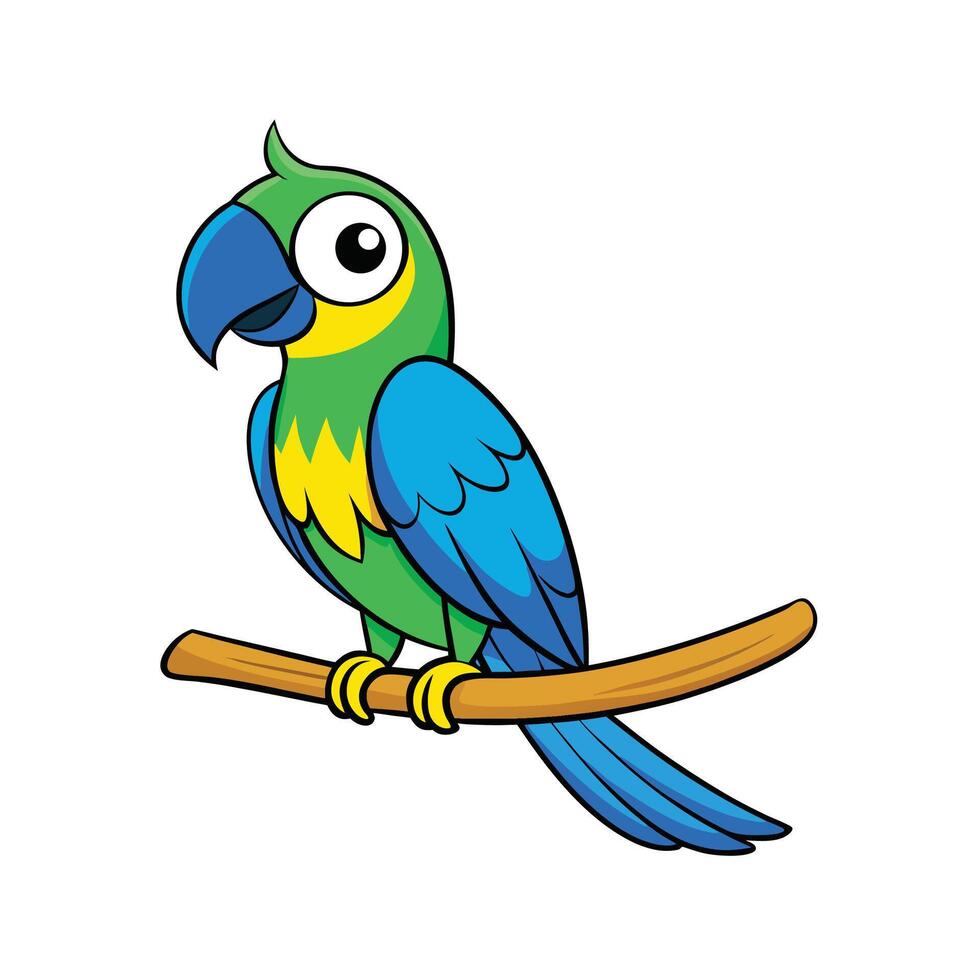 Cartoon Macaw Parrot Perched on Branch, Illustration vector