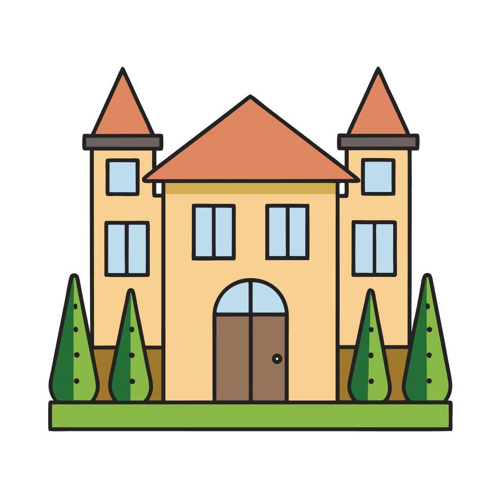 Cute cartoon house with turrets and garden vector