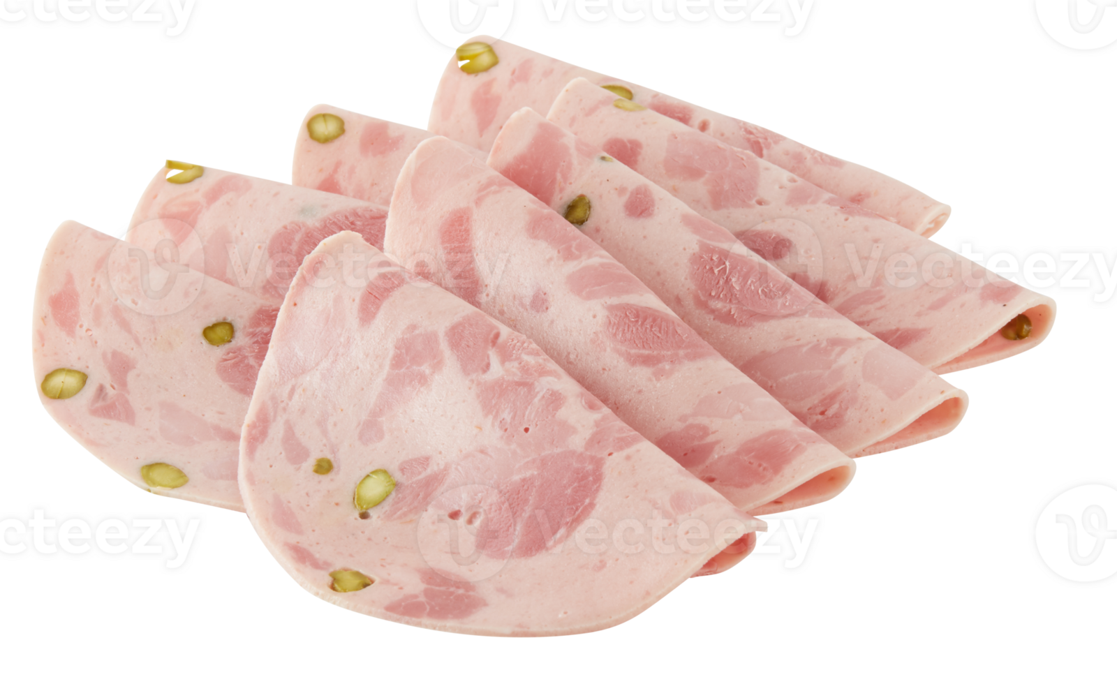 Bologna ham slices, folded in half and stacked on top of each other cut out isolated transparent background png