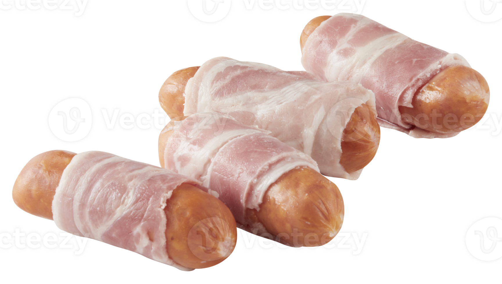 Bacon wrapped sausages arranged in a row cut out isolated transparent background png