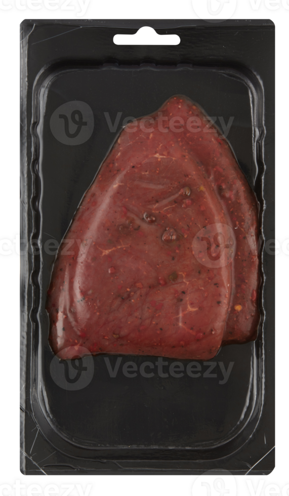 Steak in a black plastic tray cut out isolated transparent background png