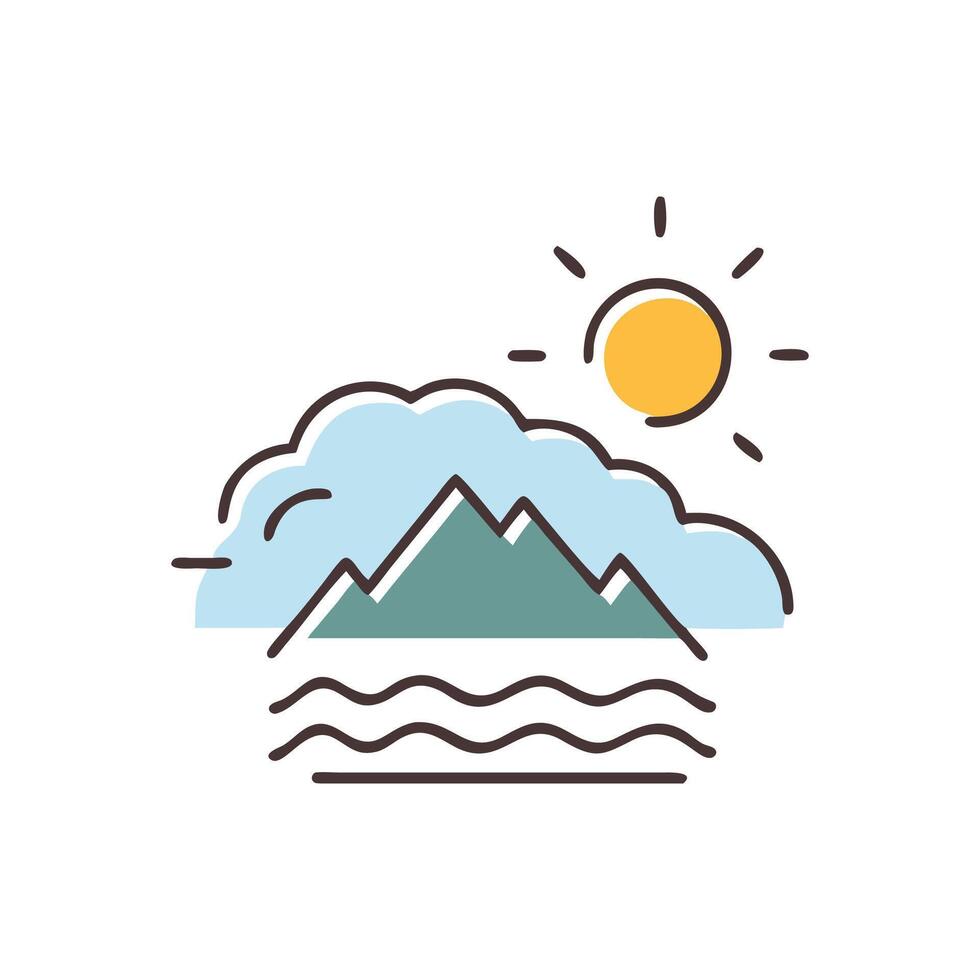 Mountain, cloud, sun, and sea icon on black background vector