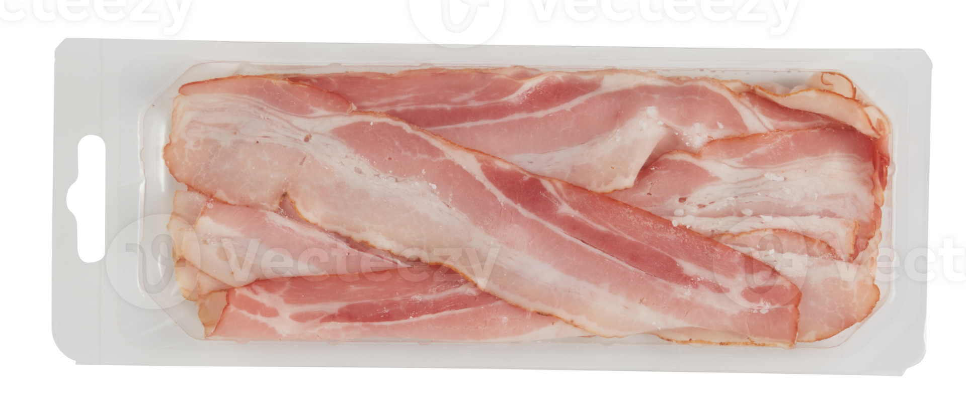 Freshly sliced pork bacon in a clear plastic food tray cut out isolated transparent background png