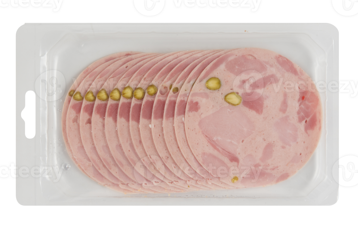 Bologna ham slices, folded in half and stacked on a clear plastic tray cut out isolated transparent background png