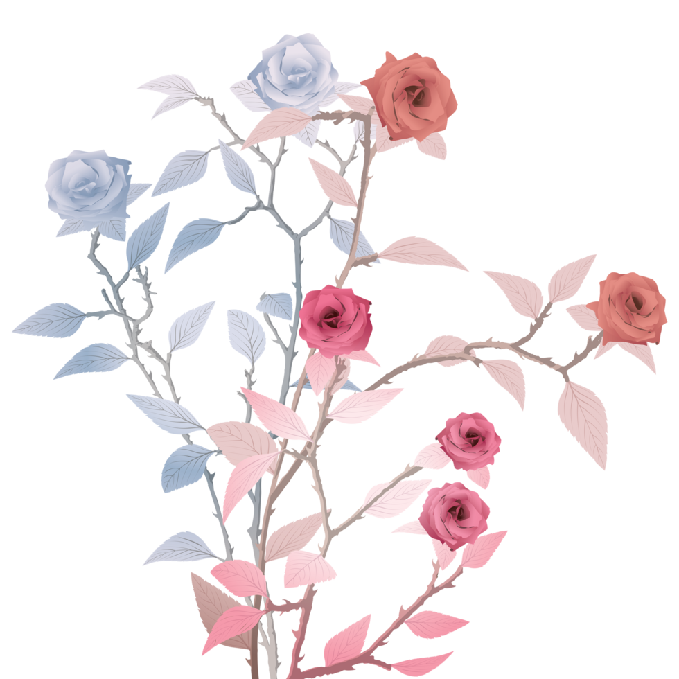 Various rose flowers surrealism vivid colors superimposed isolated graphic illustration. png