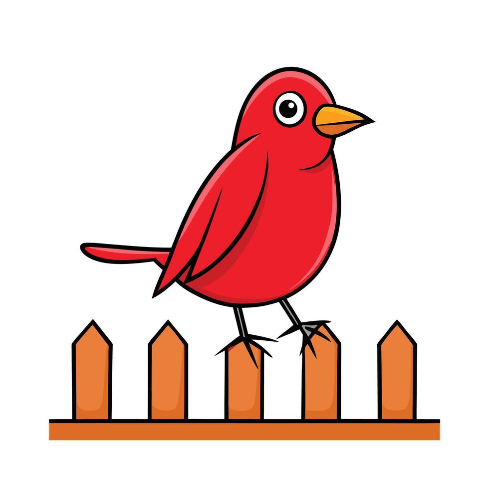 Cartoon Red Bird Perched on an Orange Fence vector