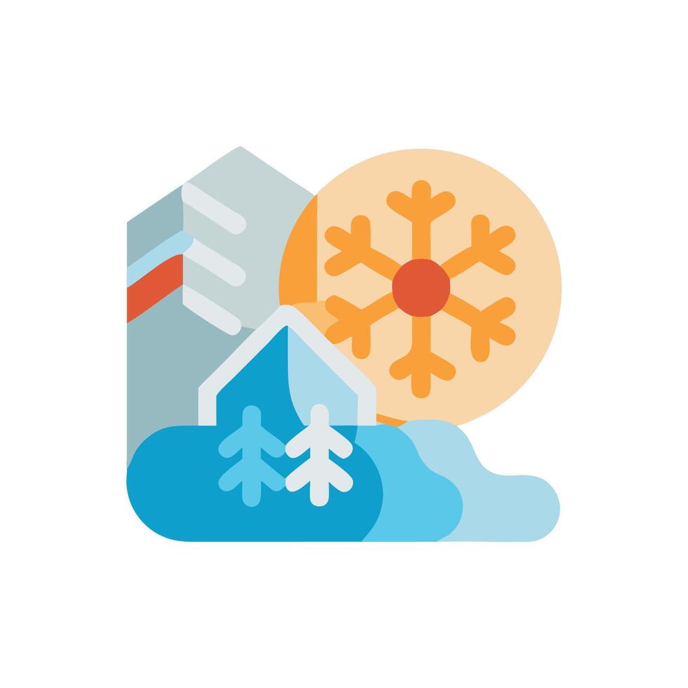 Winter icon with snowflake, building, and snowscape elements vector
