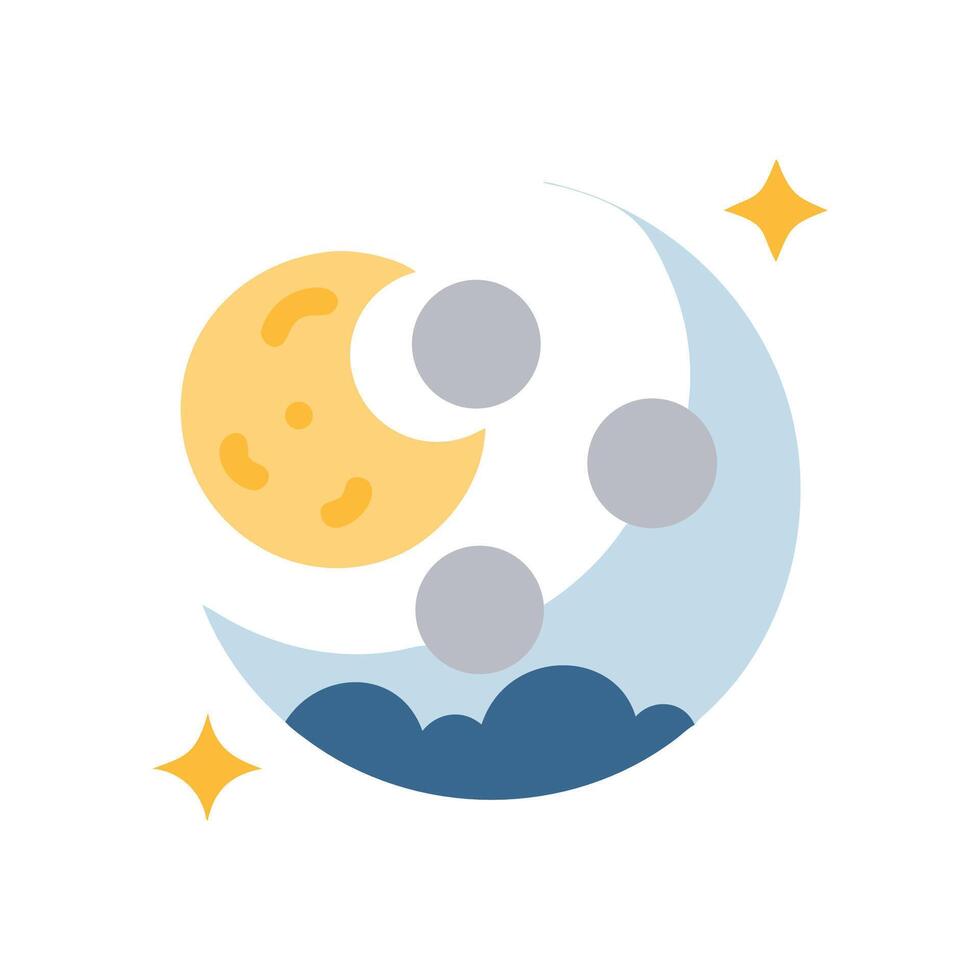Stylized celestial landscape with moon, stars, and clouds vector