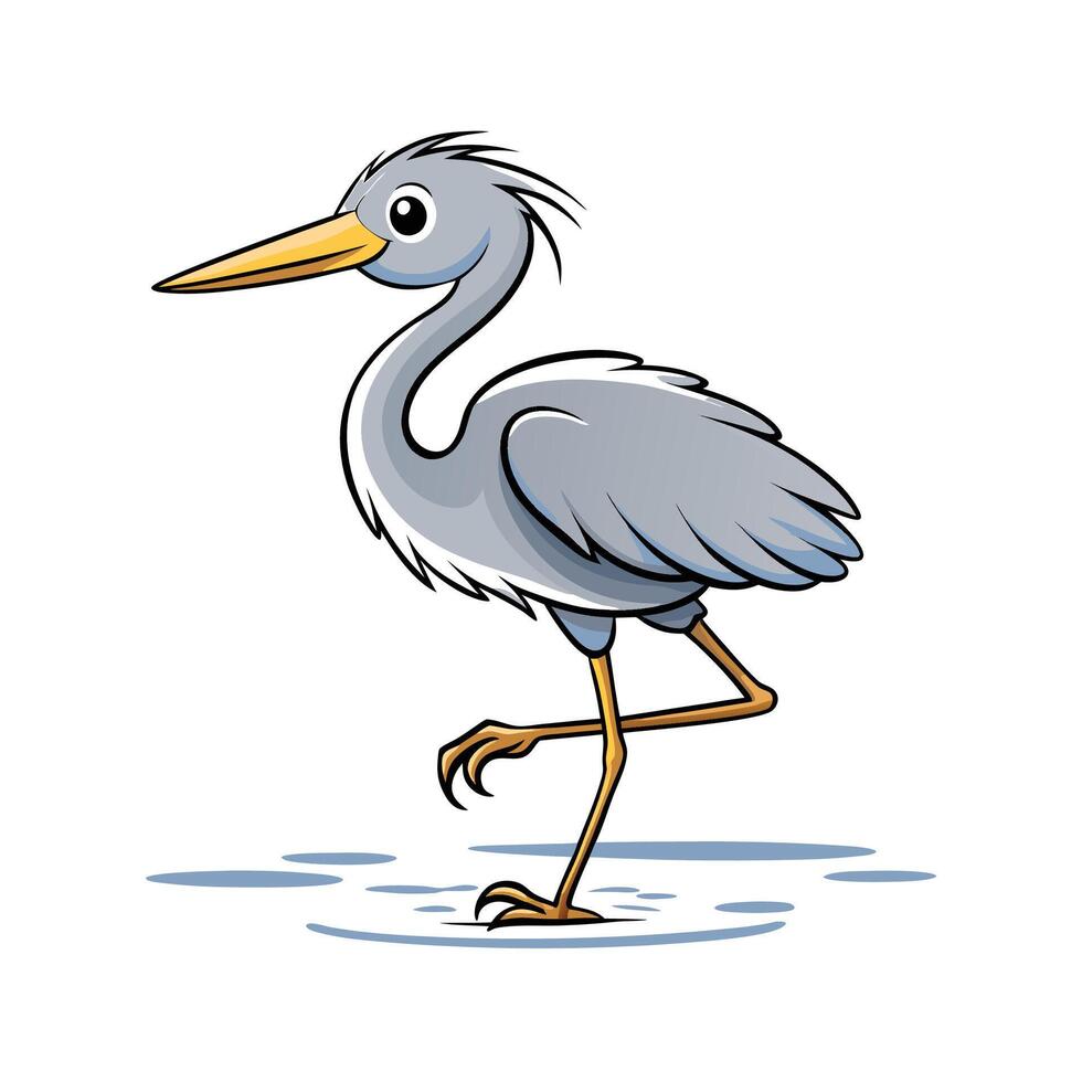 Cartoon Grey Heron Standing Illustration, Cute Bird Drawing vector