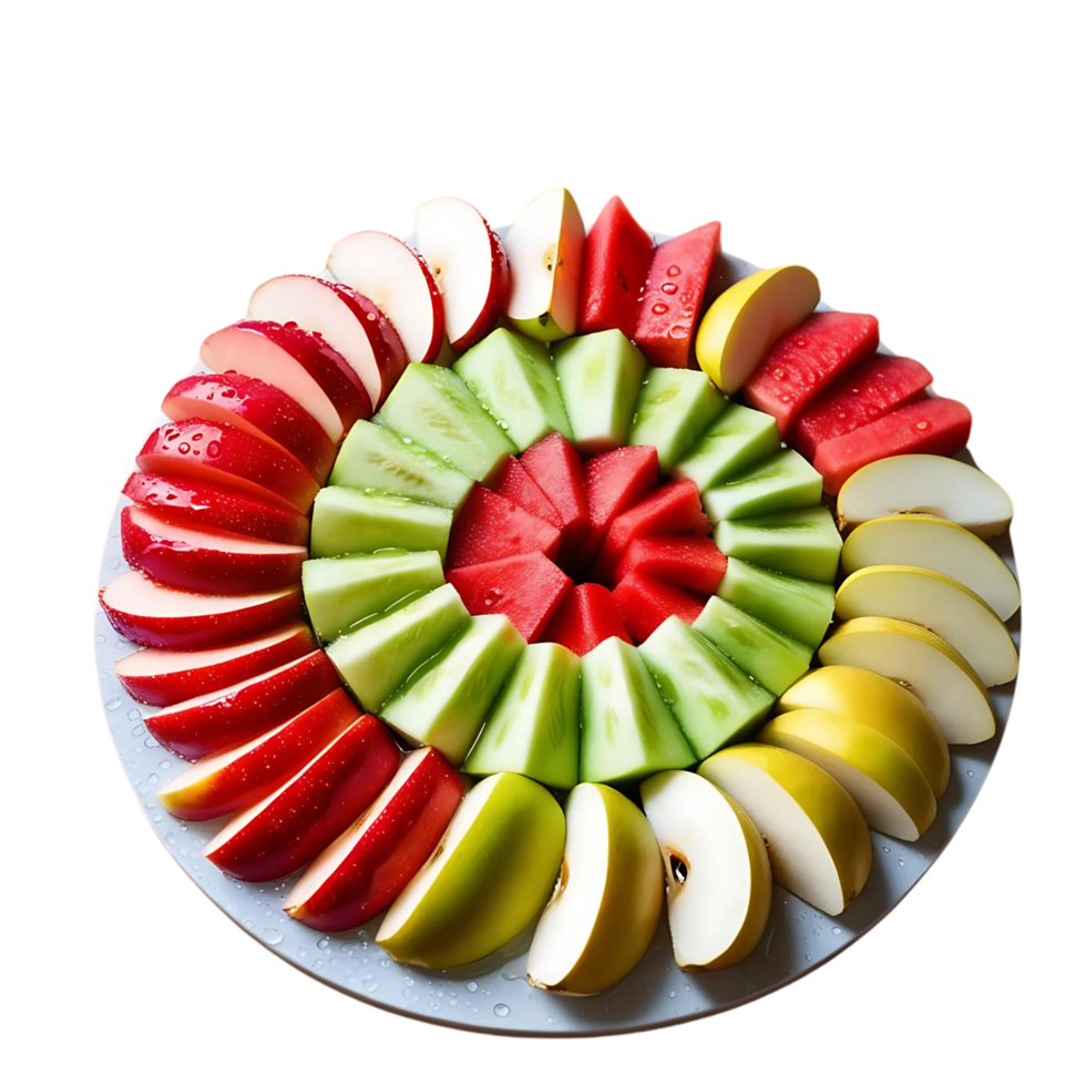 Colorful assortment of fresh sliced fruits, including red apples, green apples, yellow apples, watermelon, and cucumber, neatly arranged in concentric circles on a white plate. png