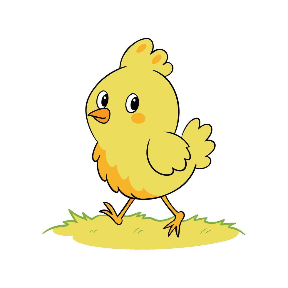 Cute Yellow Cartoon Chick Walking on Green Grass vector