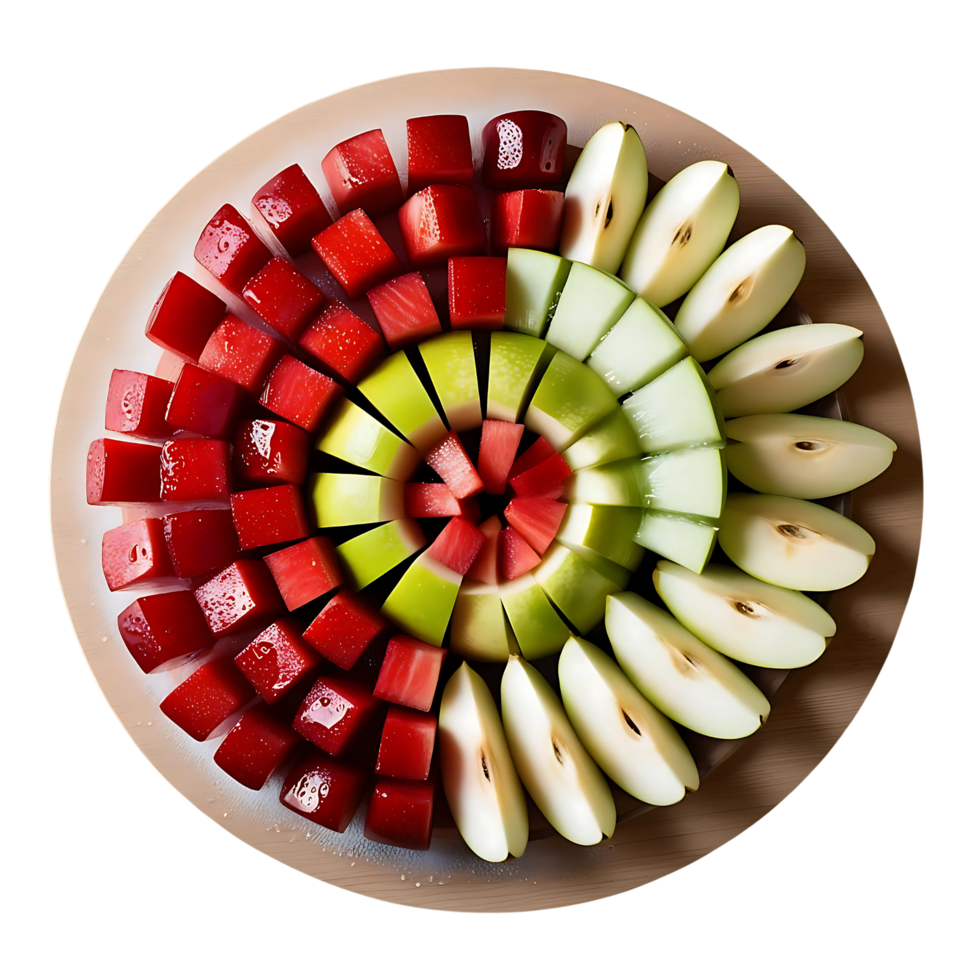 Top-down view of a circular fruit platter arranged in colorful radial layers of cubed red jelly, sliced green apples, cucumbers, and white apples on a round plate. png