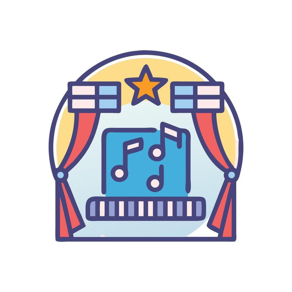 Musical theatre stage cartoon icon with curtains and notes vector