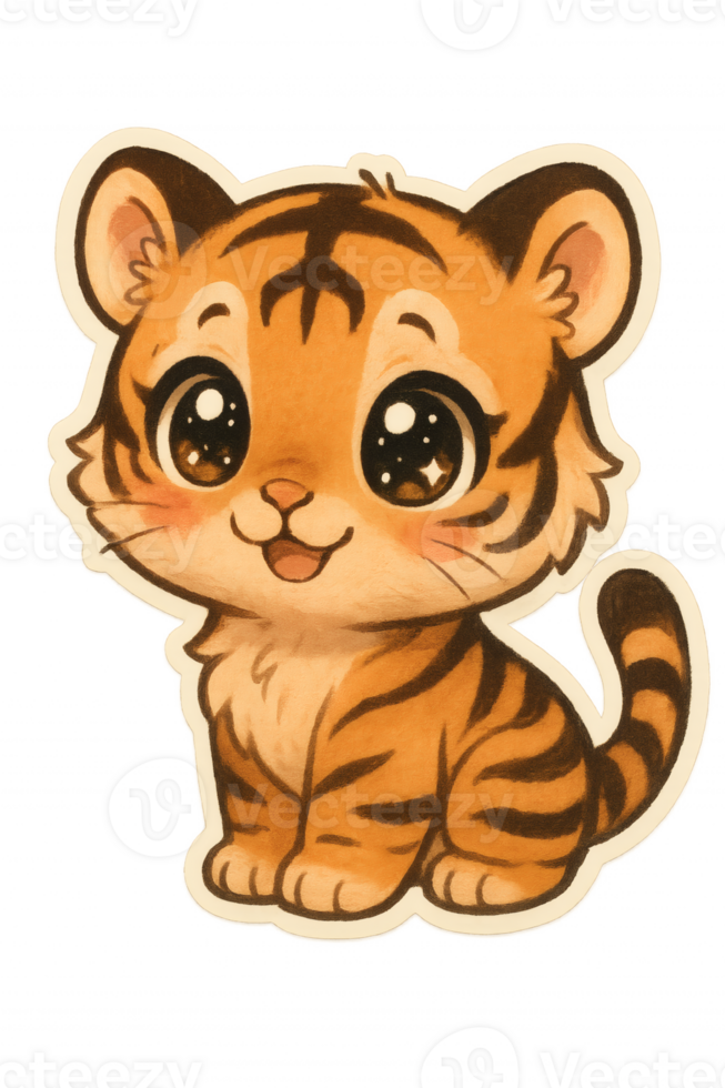 Adorable baby tiger cartoon character with big eyes and sweet expression, perfect for stickers and illustrations. png
