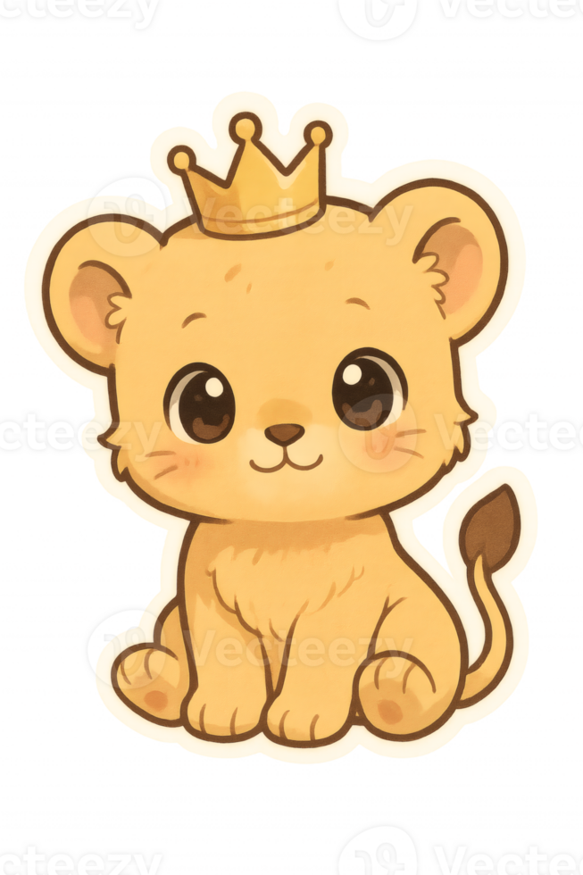 Adorable cartoon baby lion cub with large, round eyes, a playful expression, and a golden crown on its head, sitting on its haunches. png
