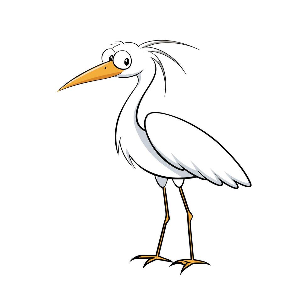 Cartoon Egret Illustration on White Background, Bird Art vector