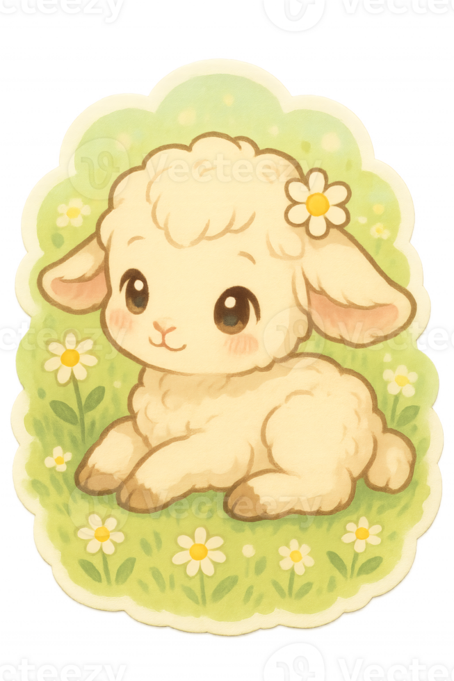 Adorable lamb in a field of daisies, a sweet and innocent scene that captures the essence of springtime joy and baby animal charm. png
