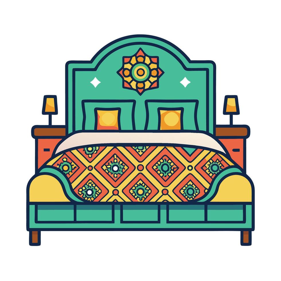 Colorful Bohemian Bed with Decorative Bedding and Headboard vector