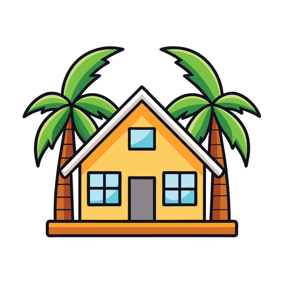 Tropical beach house illustration with palm trees vector