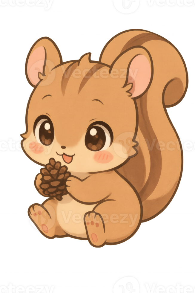 Adorable cartoon squirrel sits and holds a pinecone, digital illustration with a soft color palette and endearing expression. png