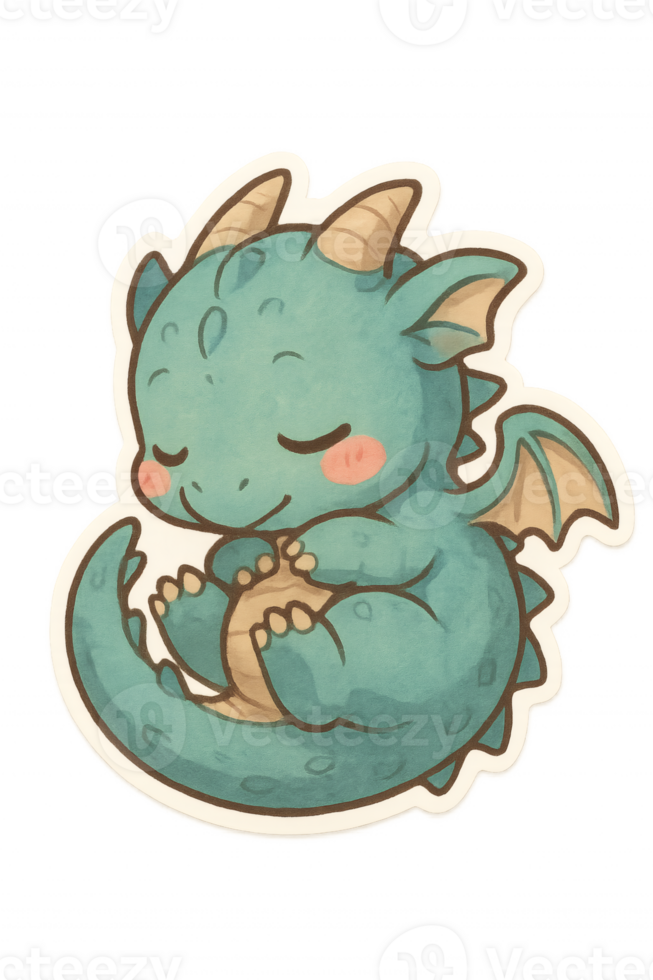 A cute little dragon peacefully dozes, hugging its tail in a curled-up posture. Soft colors and a sweet expression evoke tranquility. png