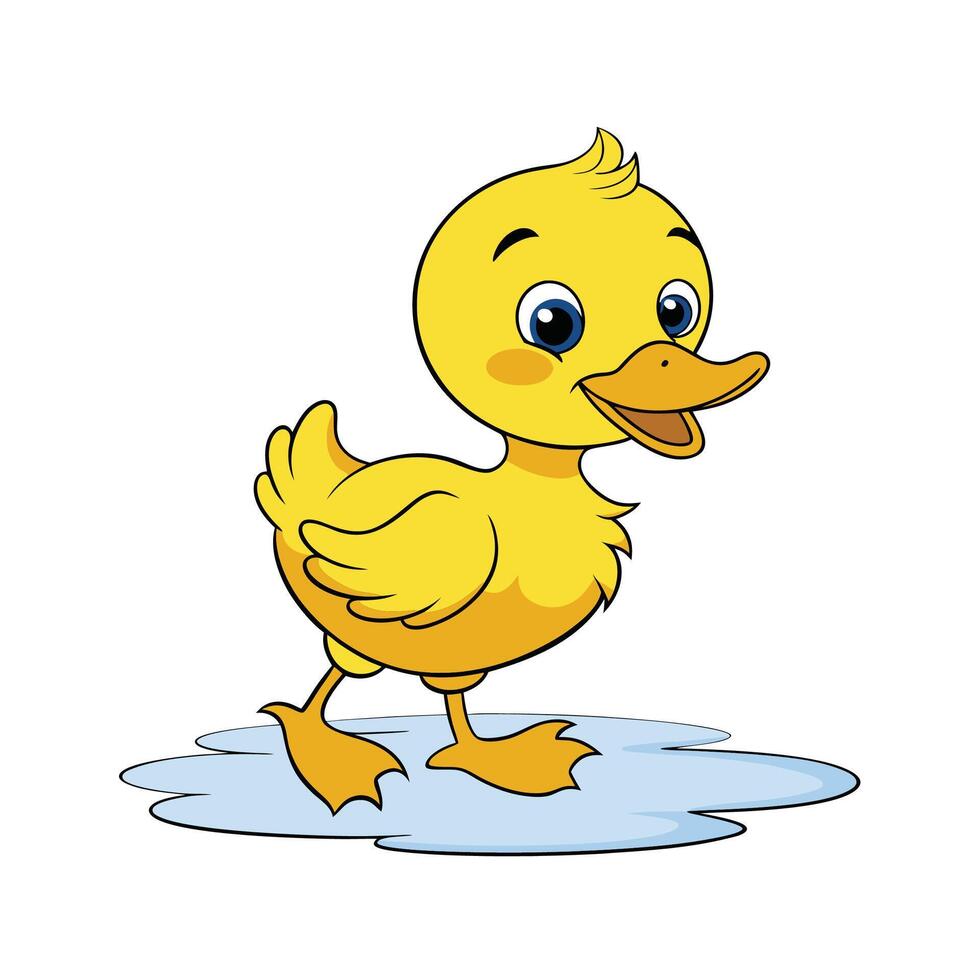 Cute Cartoon Duckling Walking Through Water Puddle Illustration vector