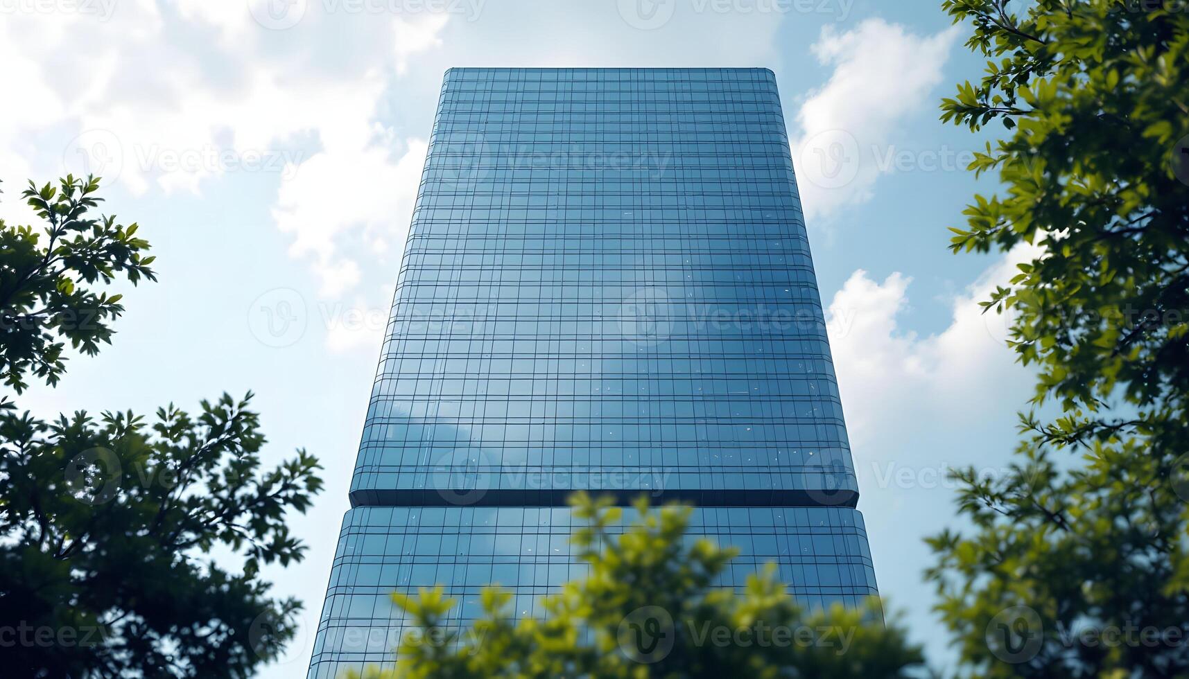 Minimalist glass skyscraper rising above treetops photo