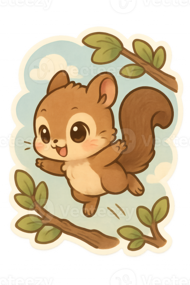 A whimsical cartoon squirrel leaps joyfully amidst branches, embodying playfulness and freedom in a charming, cheerful scene. png