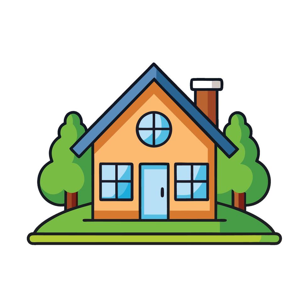 Cute cartoon house surrounded by trees illustration vector