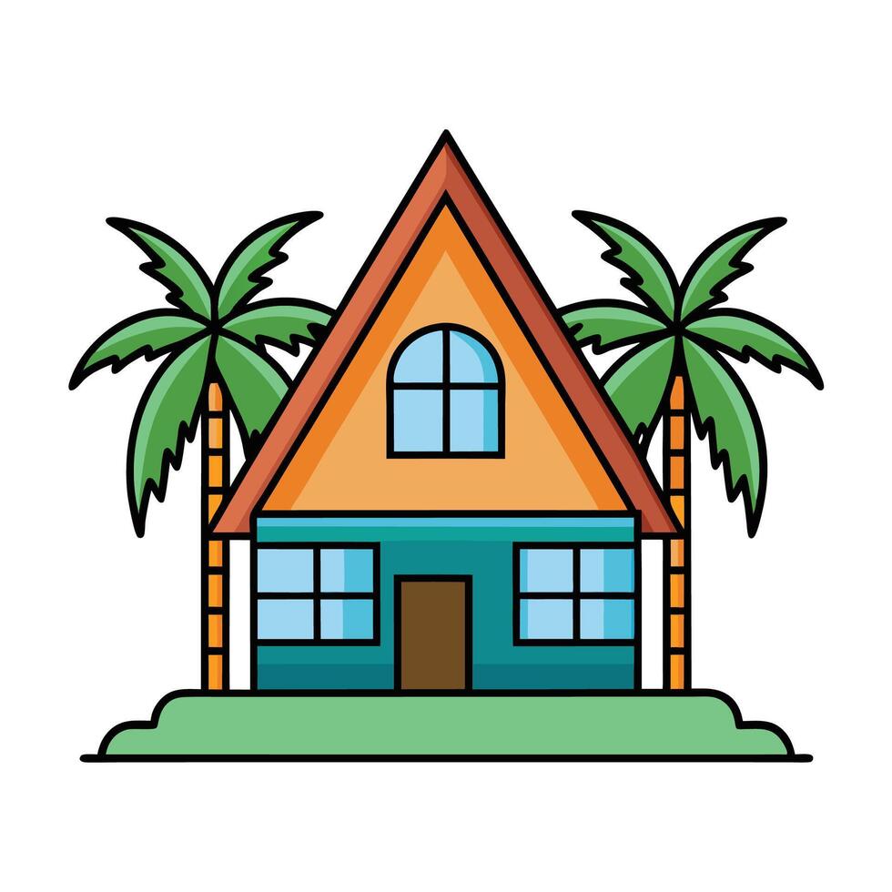 Tropical AFrame house with palms cartoon illustration vector