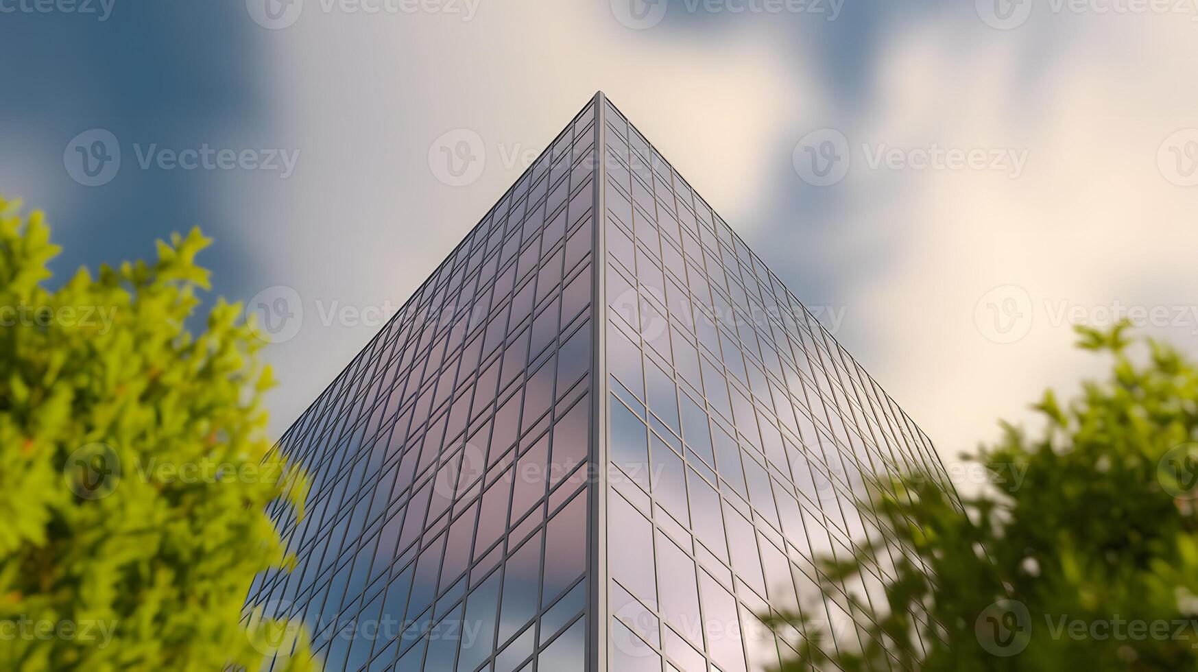 Pyramid-shaped modern glass skyscraper surrounded by greenery photo