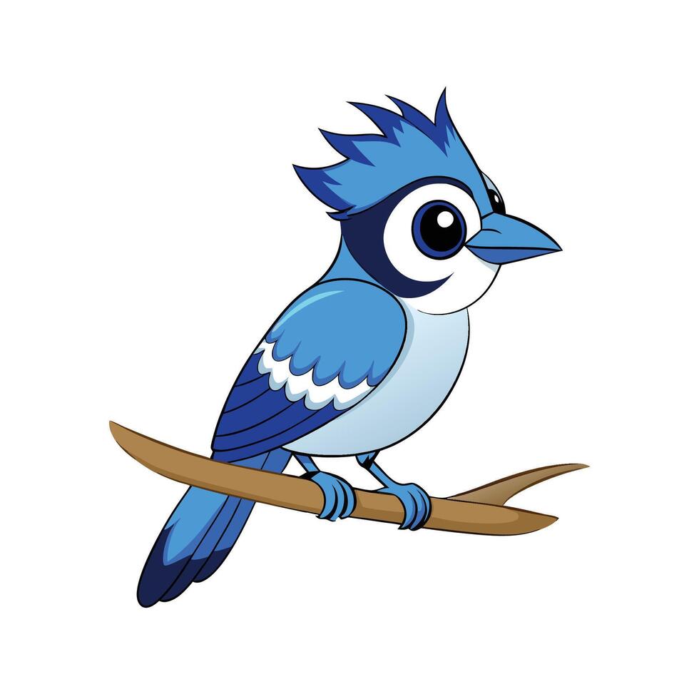 Cartoon Blue Jay Perched on Branch Isolated Illustration vector