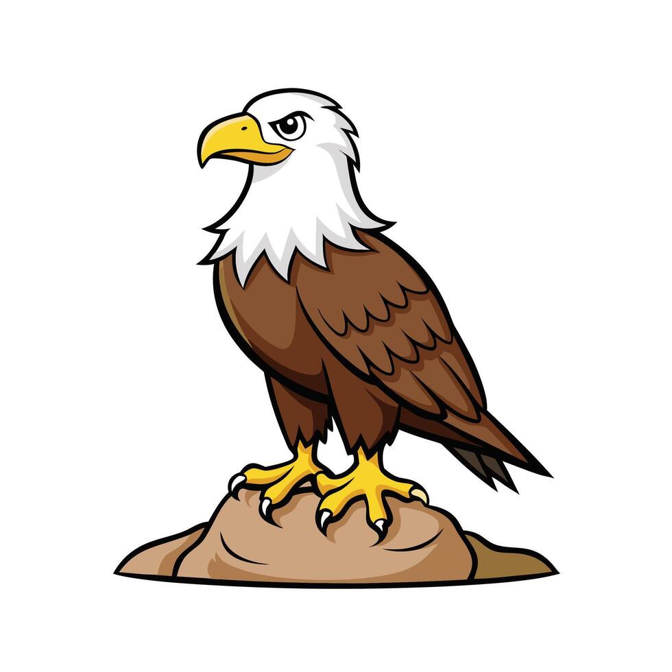Cartoon bald eagle perched on rock, isolated illustration vector