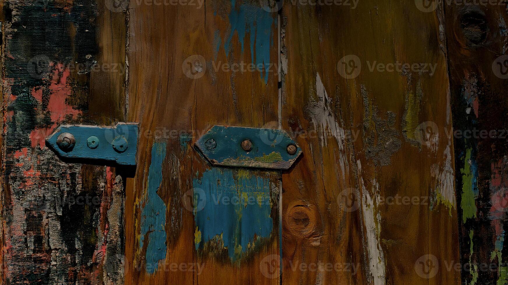 Weathered painted wood texture with distressed colorful peeling layers photo