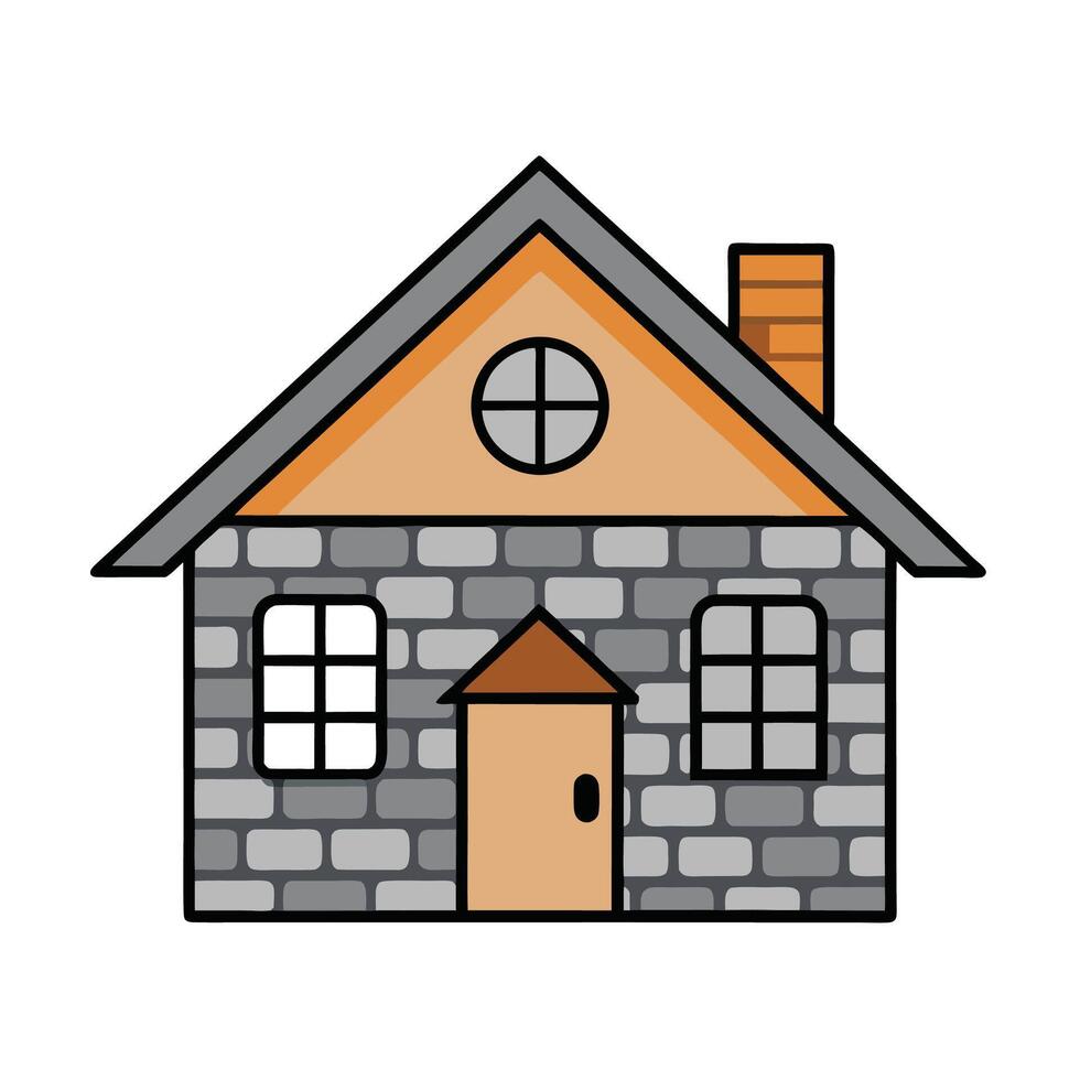 Cute Cartoon Brick House Illustration with Windows and Chimney vector